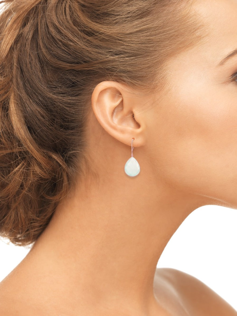 Rose Silver Aqua Chalcedony Dangle Drop Tear-Drop Earrings On Woman Ear (7.0.cts.tw)