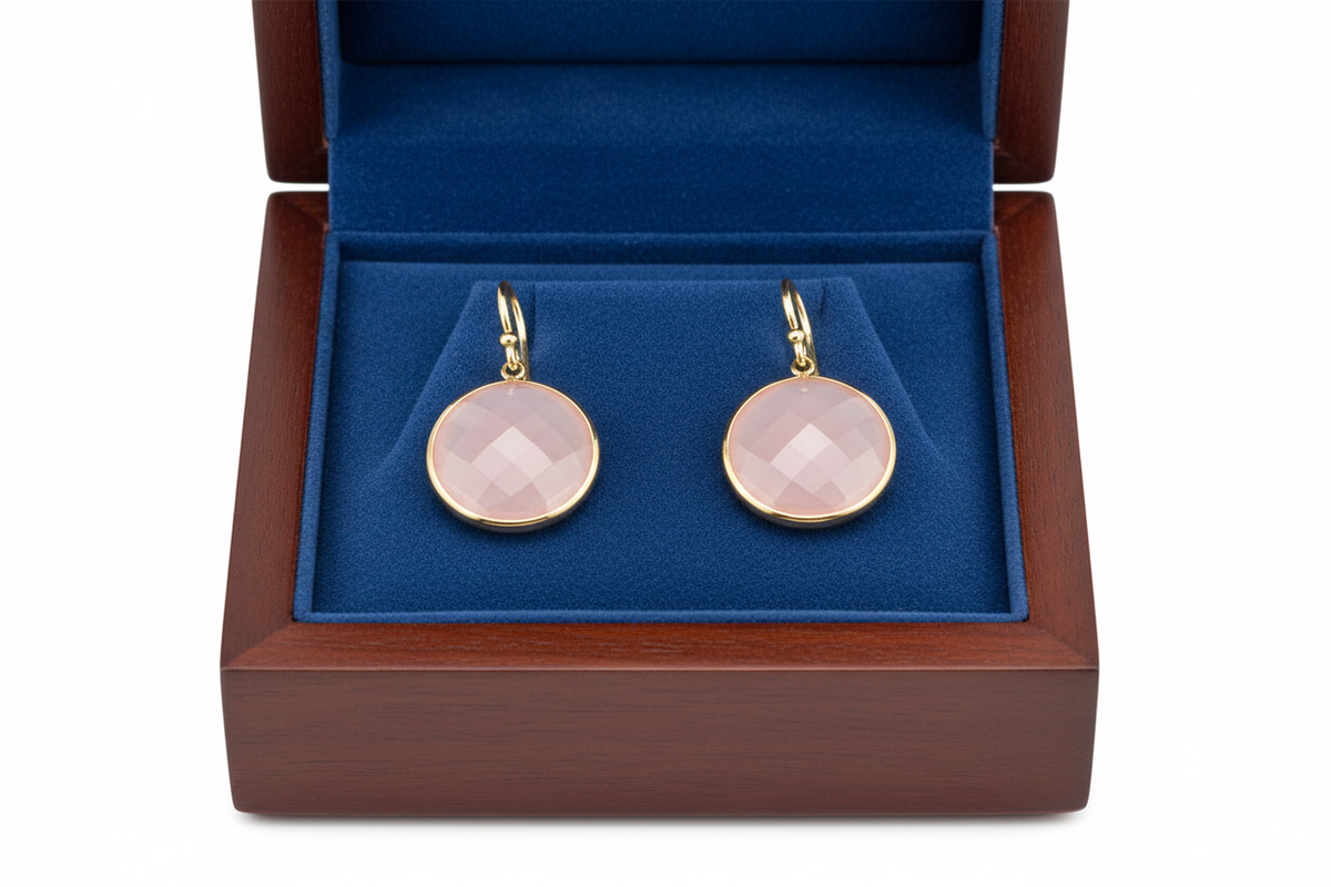 Pink Agate Earrings in Wooden Royal Blue Box