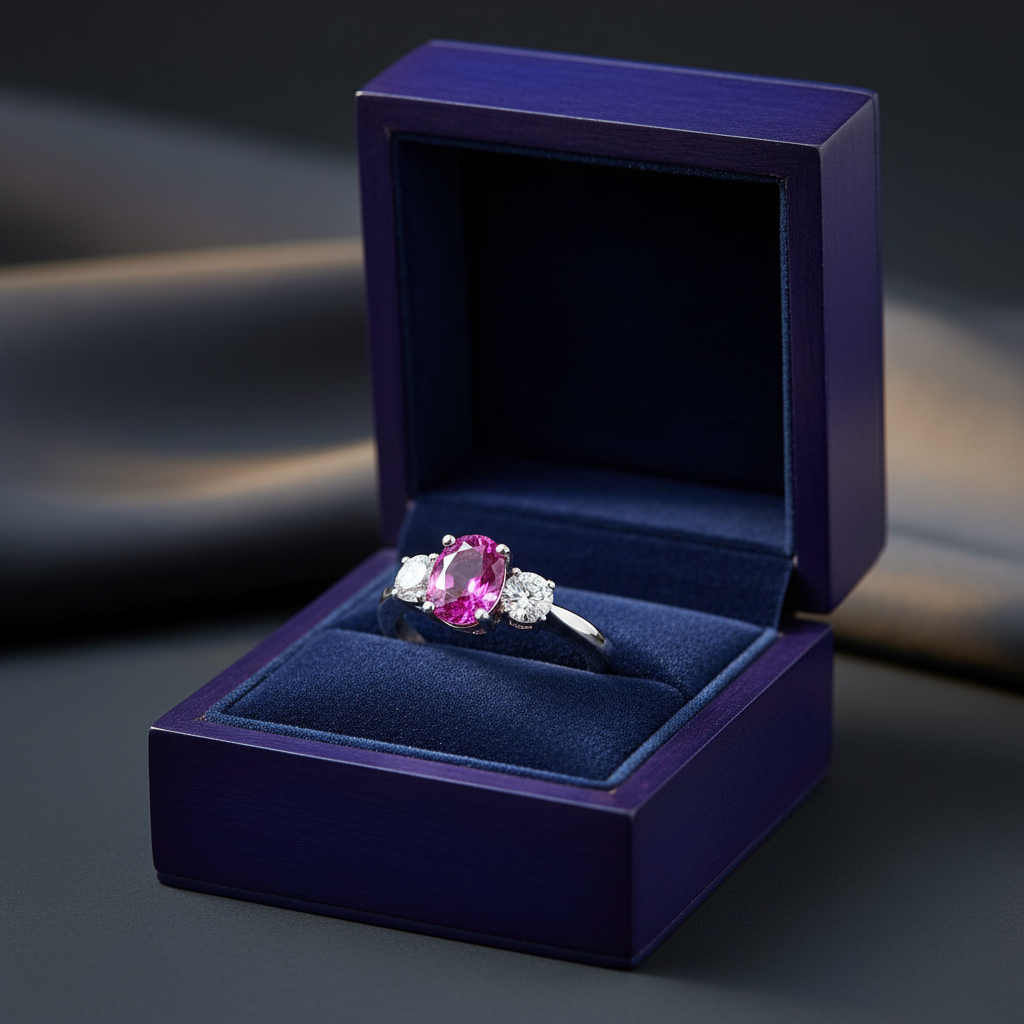 14k gold fashion ring with pink sapphires and diamonds, featuring 2.0 carats total weight, displayed in a gift box.