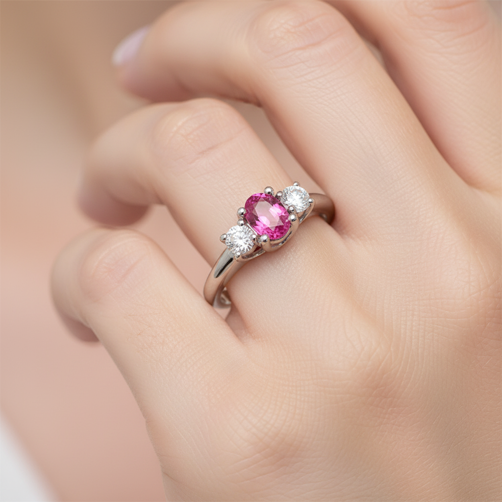 Pink Sapphire Diamond Ring on Hand