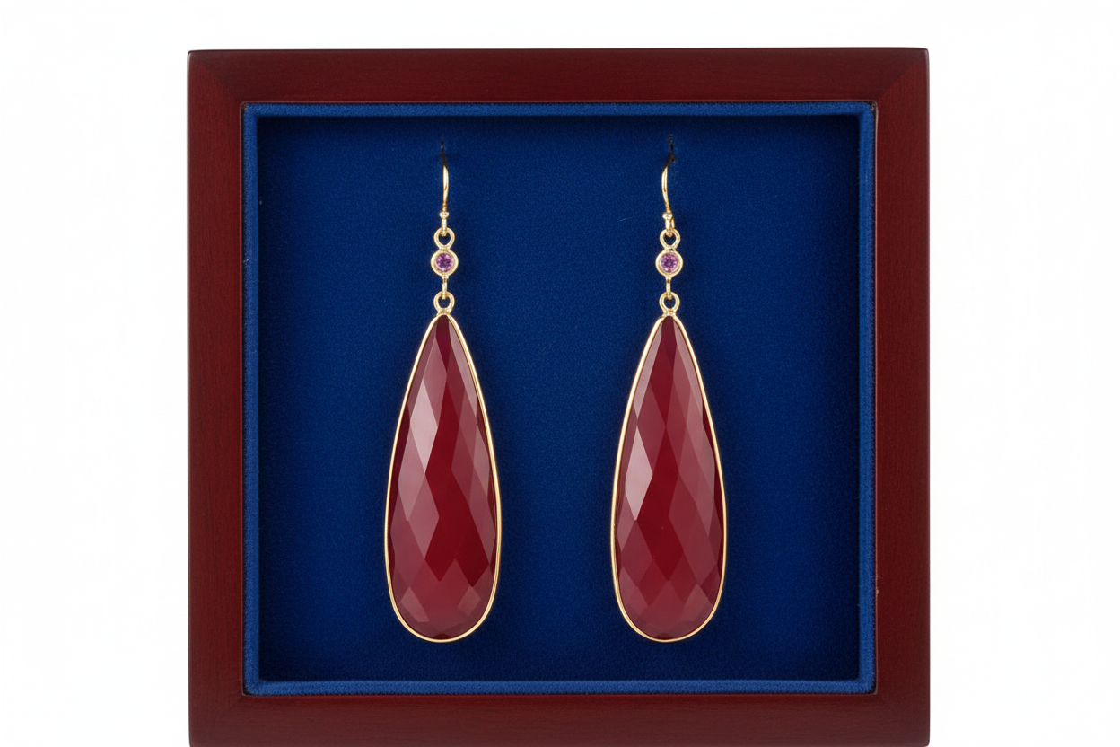 Pink Sapphire Red Agate Earrings in Wooden Royal Blue Box