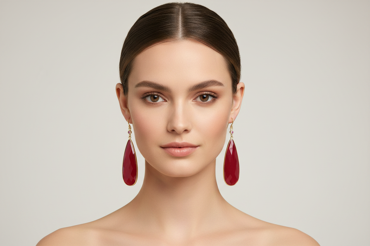 Pink Sapphire Red Agate Earrings on Model