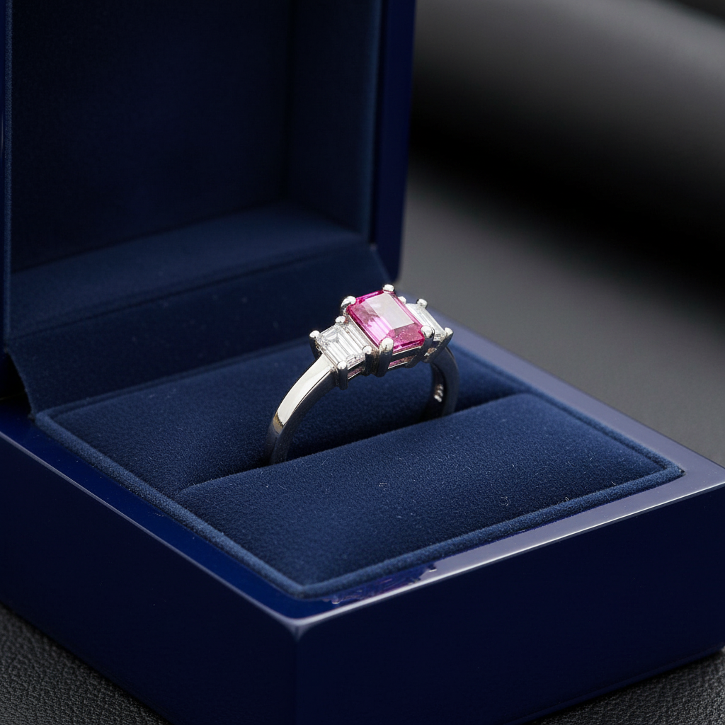 14k gold three stone pink sapphire and diamond fashion ring with 1.60 carats total weight in a gift box.