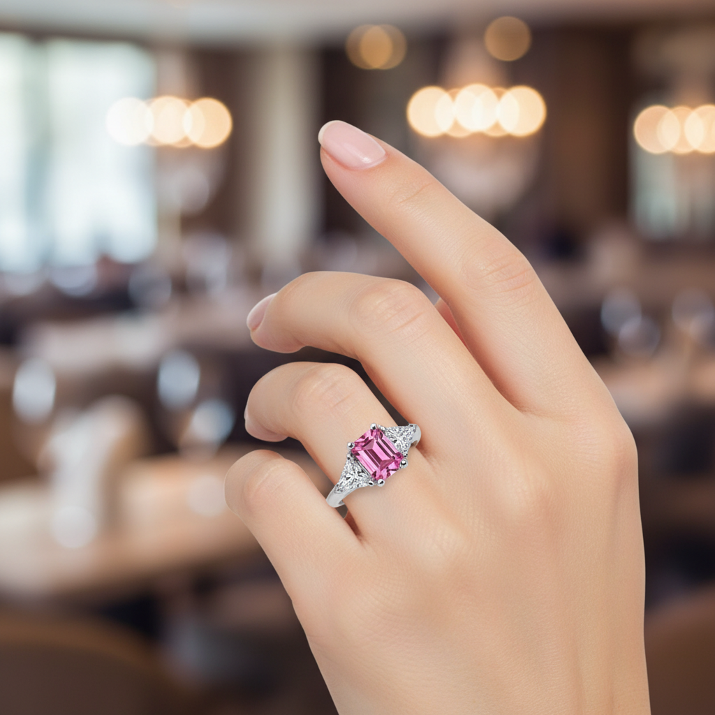 14k gold pink sapphire and trillion diamond fashion ring on a hand, showcasing sparkling pink gemstone and elegant jewelry design.
