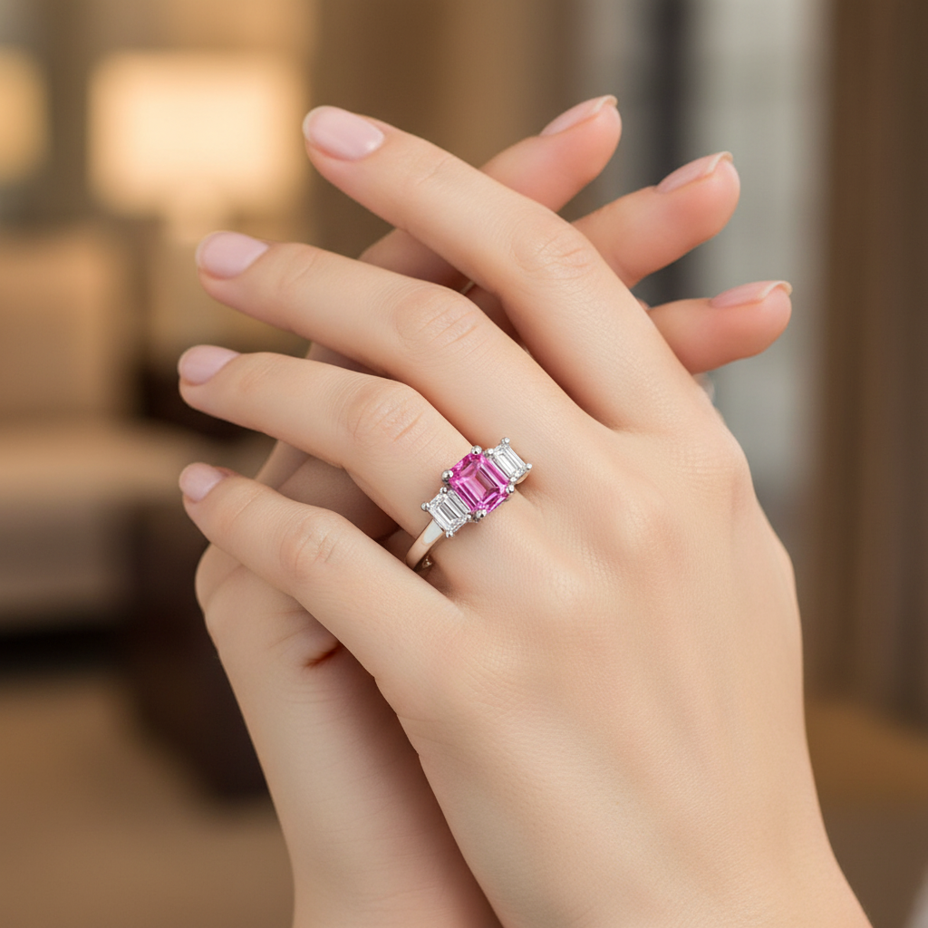 14k gold three stone pink sapphire and diamond ring on a hand, showcasing sparkling pink sapphires and diamonds in a fashion ring design