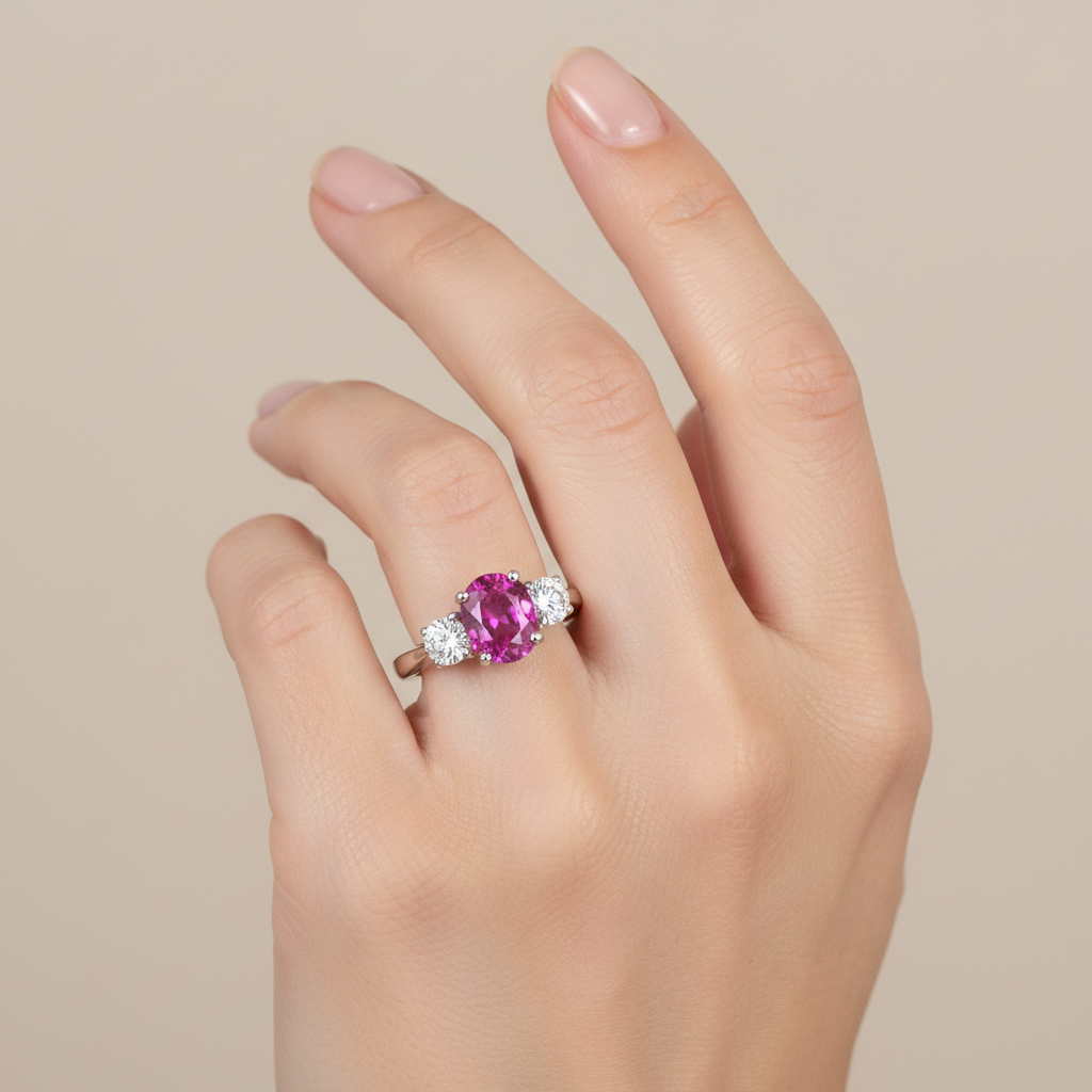 14k gold diamond pink sapphire fashion ring on hand, showcasing sparkling pink sapphire and diamond accents.