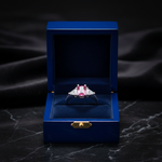 14k gold pink sapphire trillion diamond fashion ring with 1.56 carats total weight, displayed in a gift box.