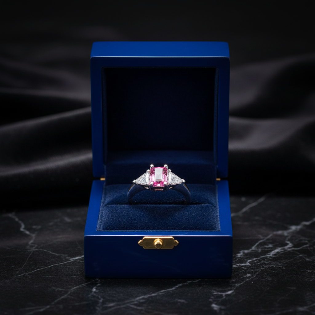 14k gold pink sapphire trillion diamond fashion ring with 1.56 carats total weight, displayed in a gift box.