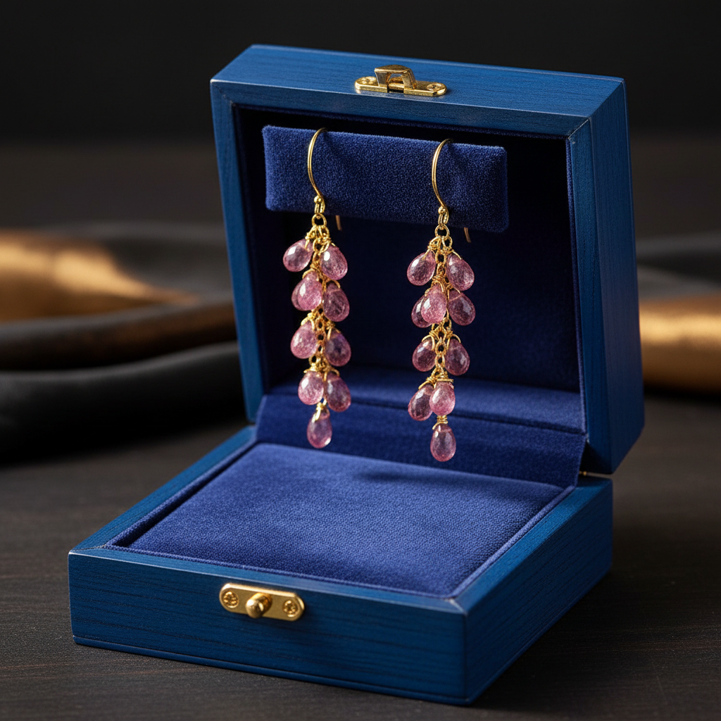 14k gold teardrop pink tourmaline earrings with 13 carats total weight in a gift box, showcasing elegant jewelry design.