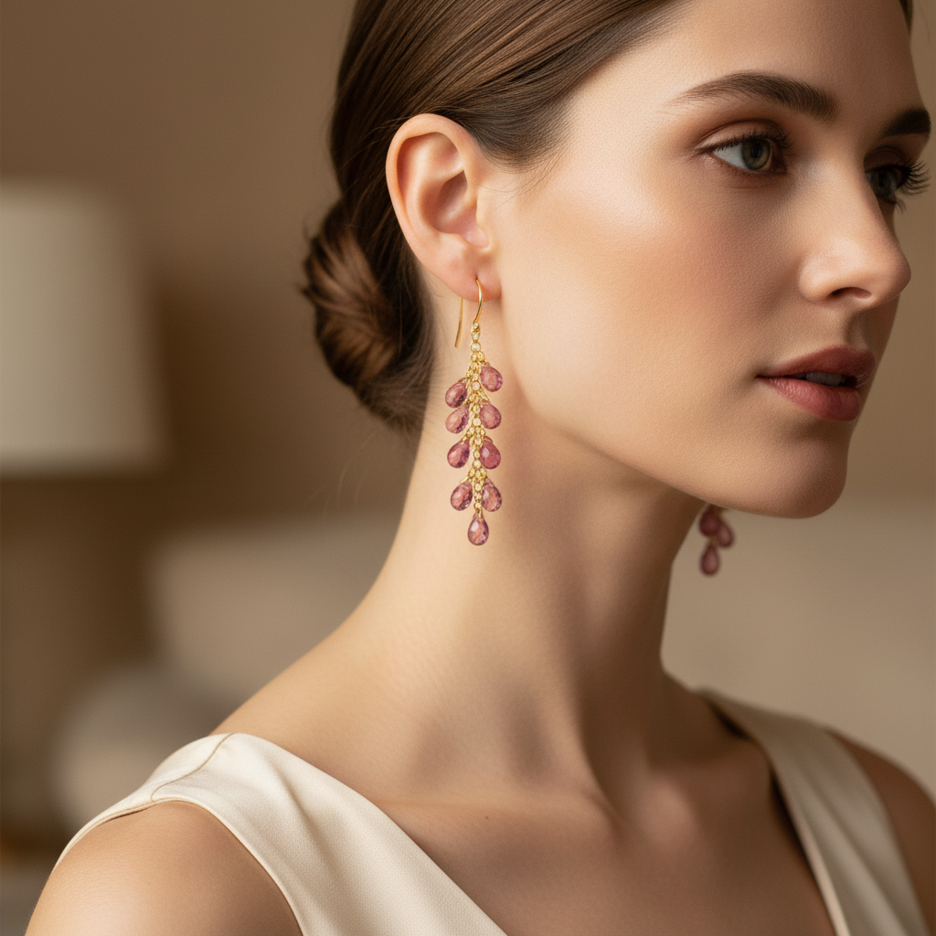 14k gold teardrop pink tourmaline earrings with 13 carats total weight, featuring faceted briolette stones on a model.