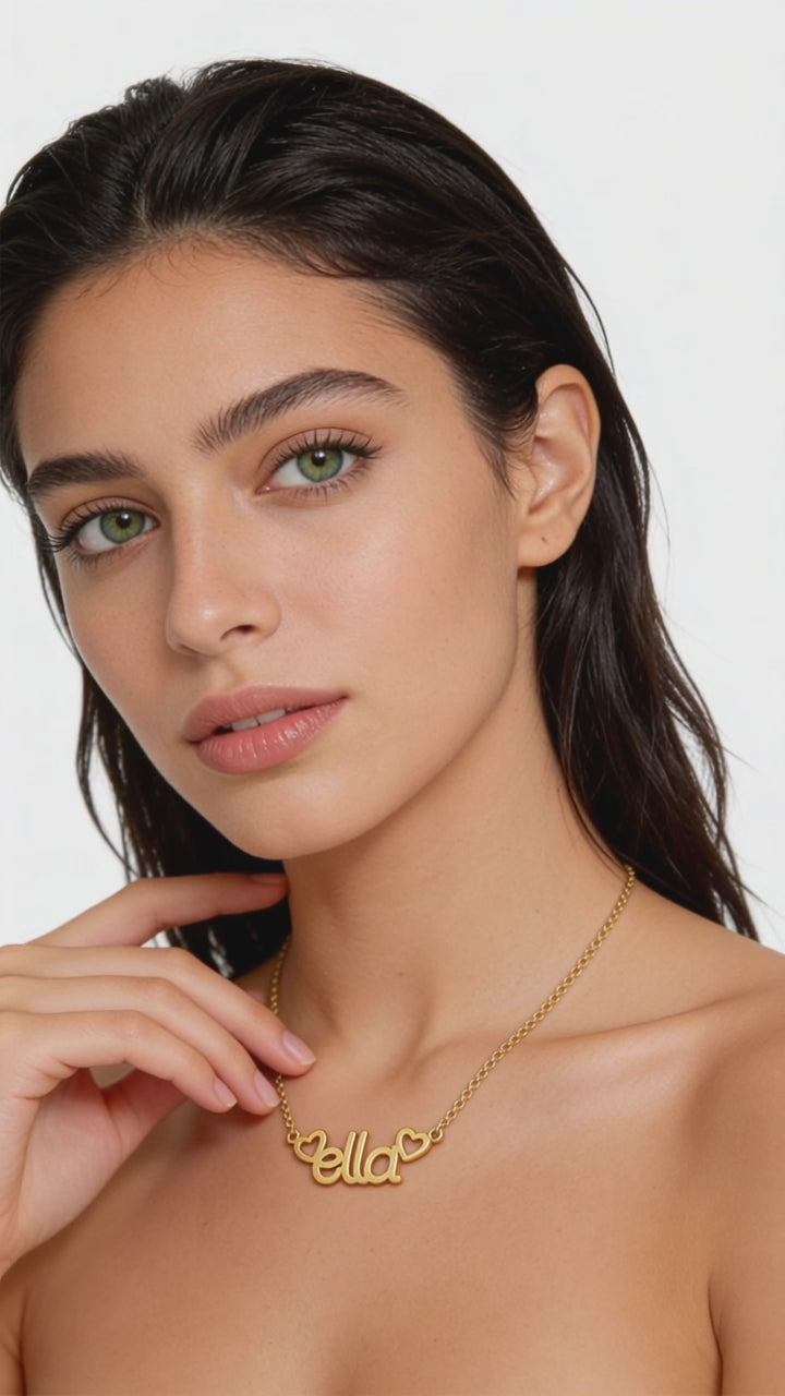 Model Walking with 14k Yellow gold name Ella necklace Video