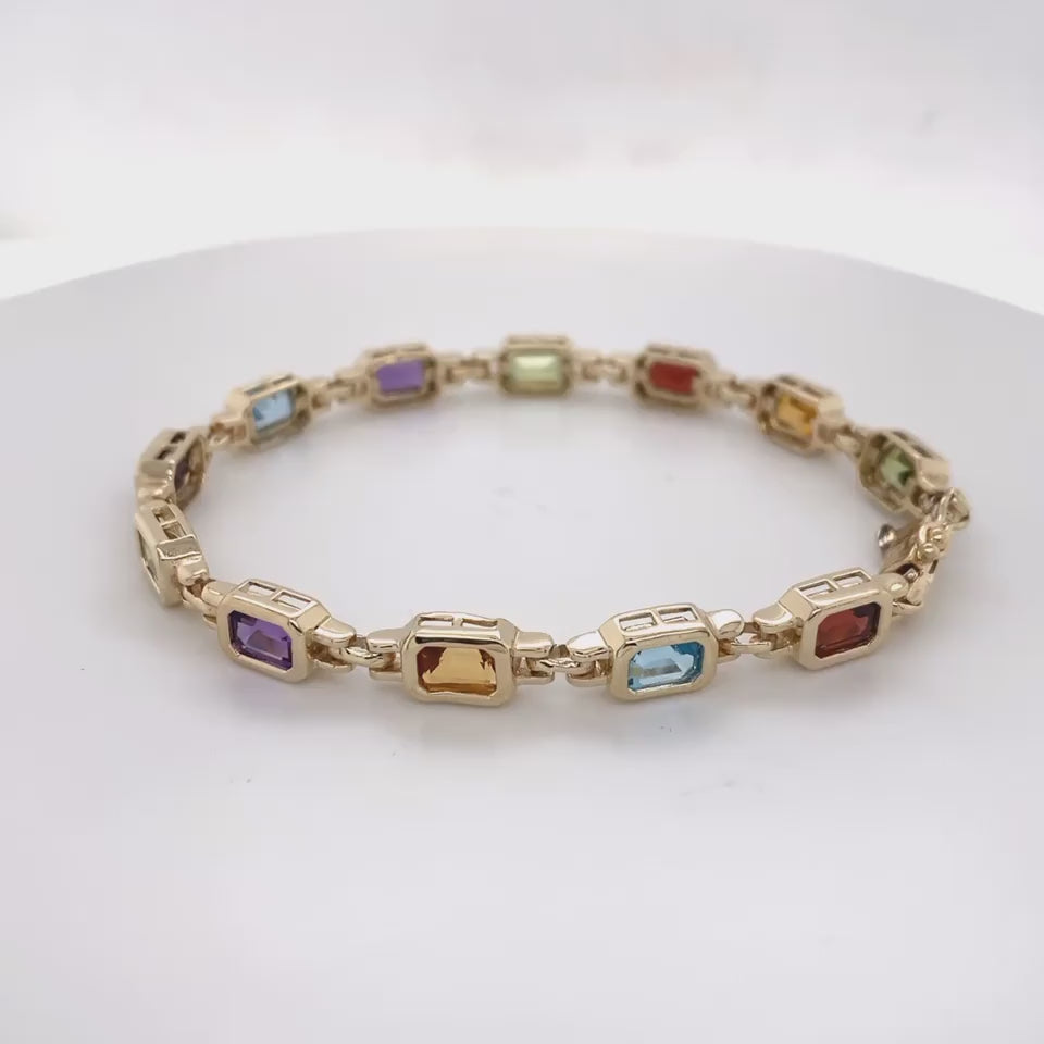 14k Gold Multi Color Emerald Cut Stone Bracelet Video