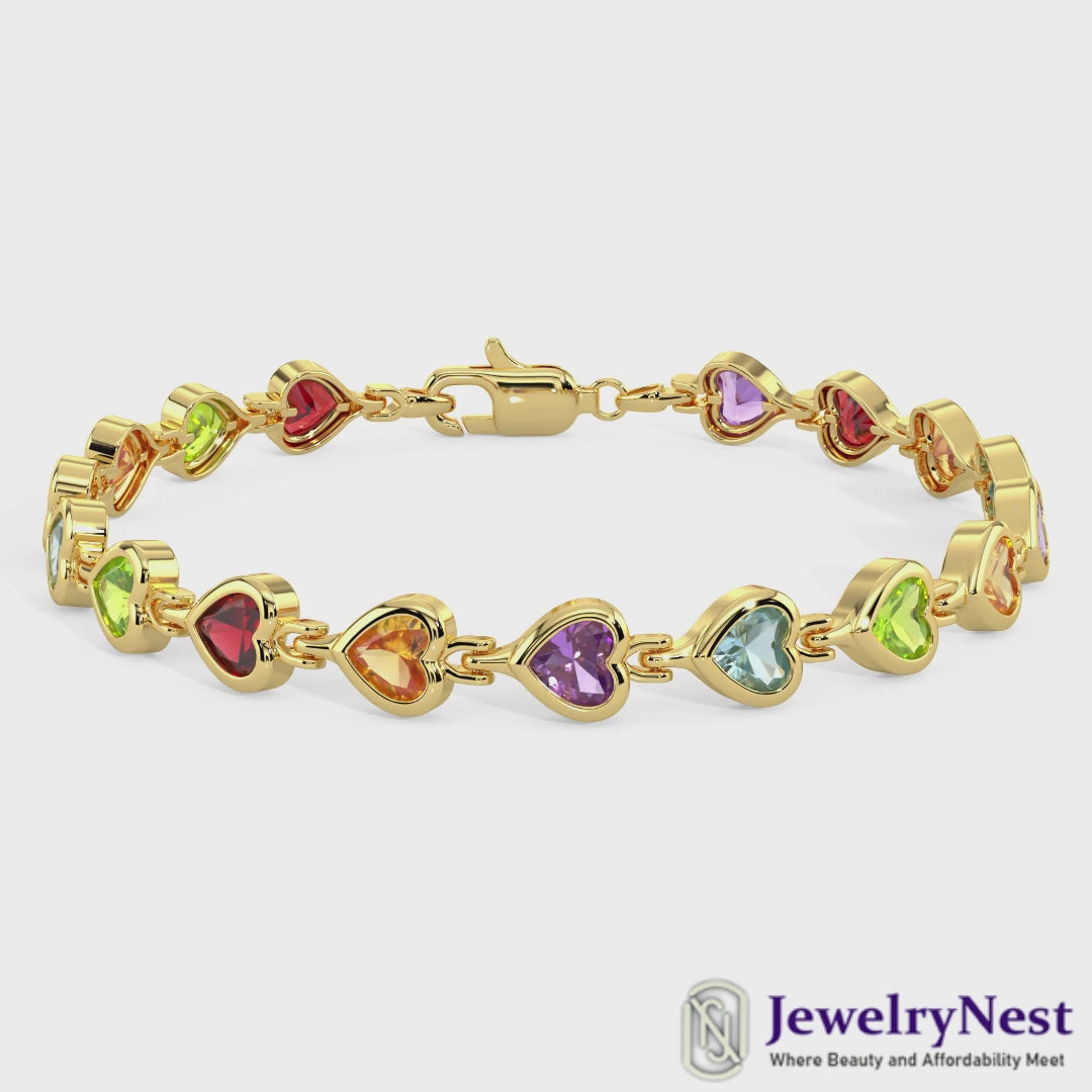 14K Yellow gold Bezel heart shaped Gemstones Bracelet Video