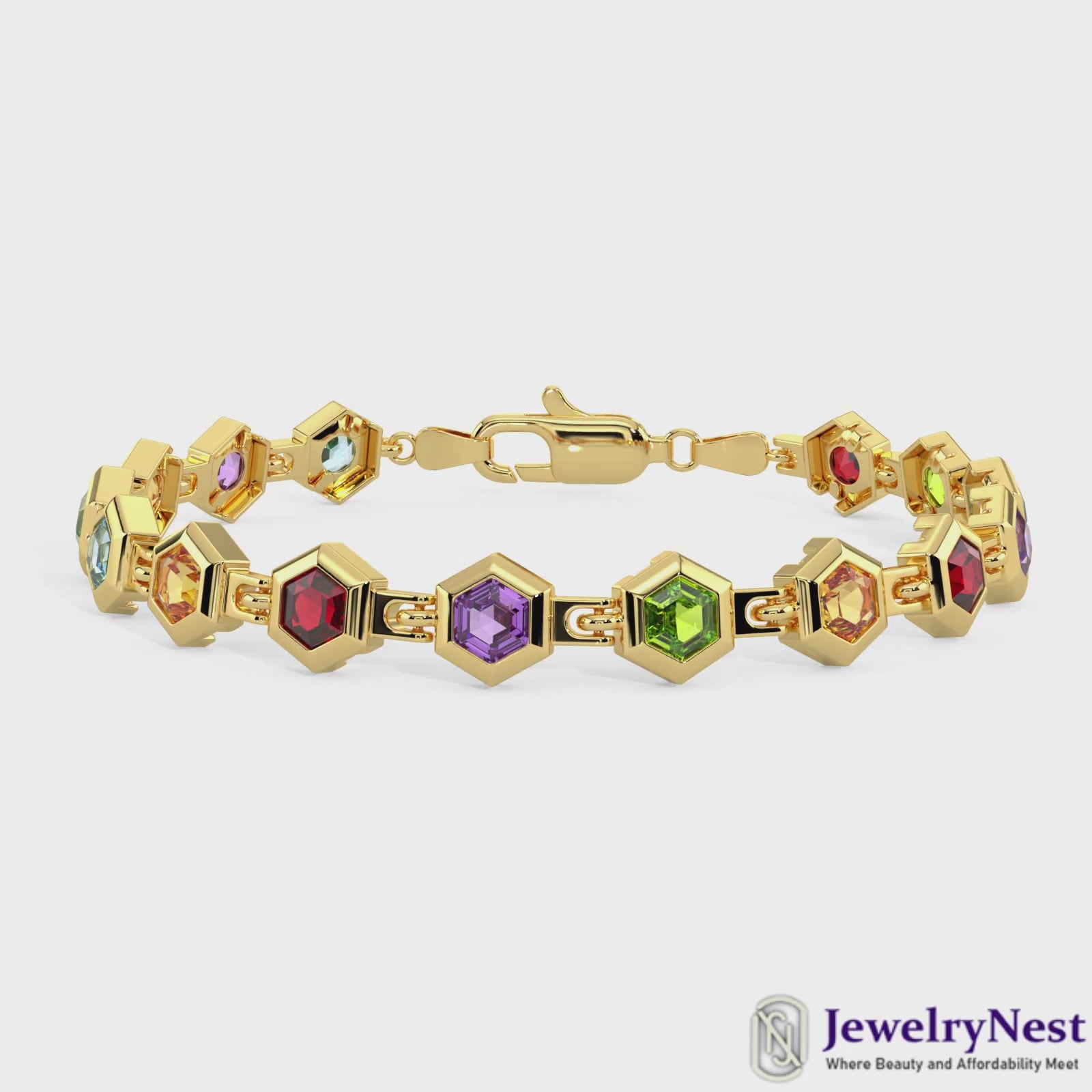 14K Yellow gold Bezel Hexagon Gemstones Bracelets Video