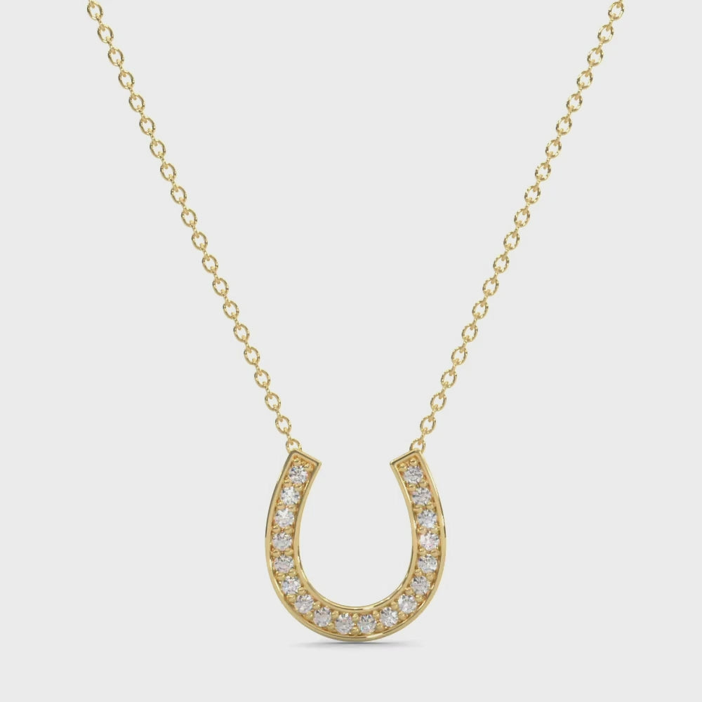 14k Yellow Gold Horse-Shoe Lab-Created Diamond Pendant Necklace Vdeo