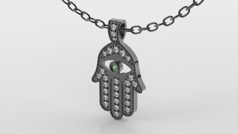 14k Black Gold Hamsa Forest Green Diamond Necklace Video