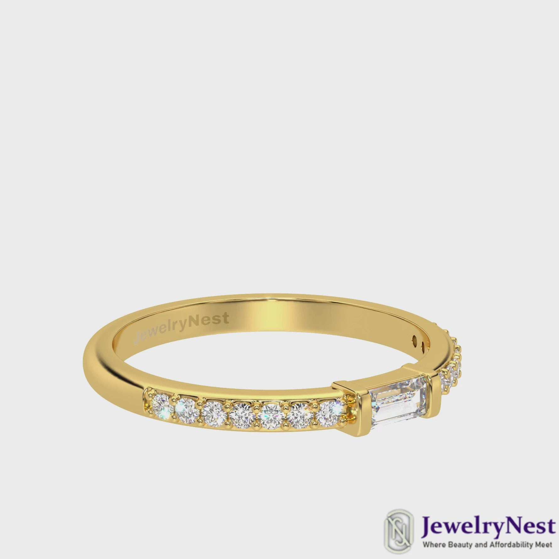 14K Gold Straight Baguette-Round Diamond Stackable Ring Video