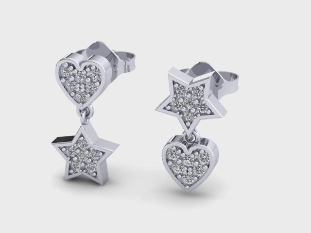14k Gold Star-Heart Diamonds Dangle Drop Earrings Video