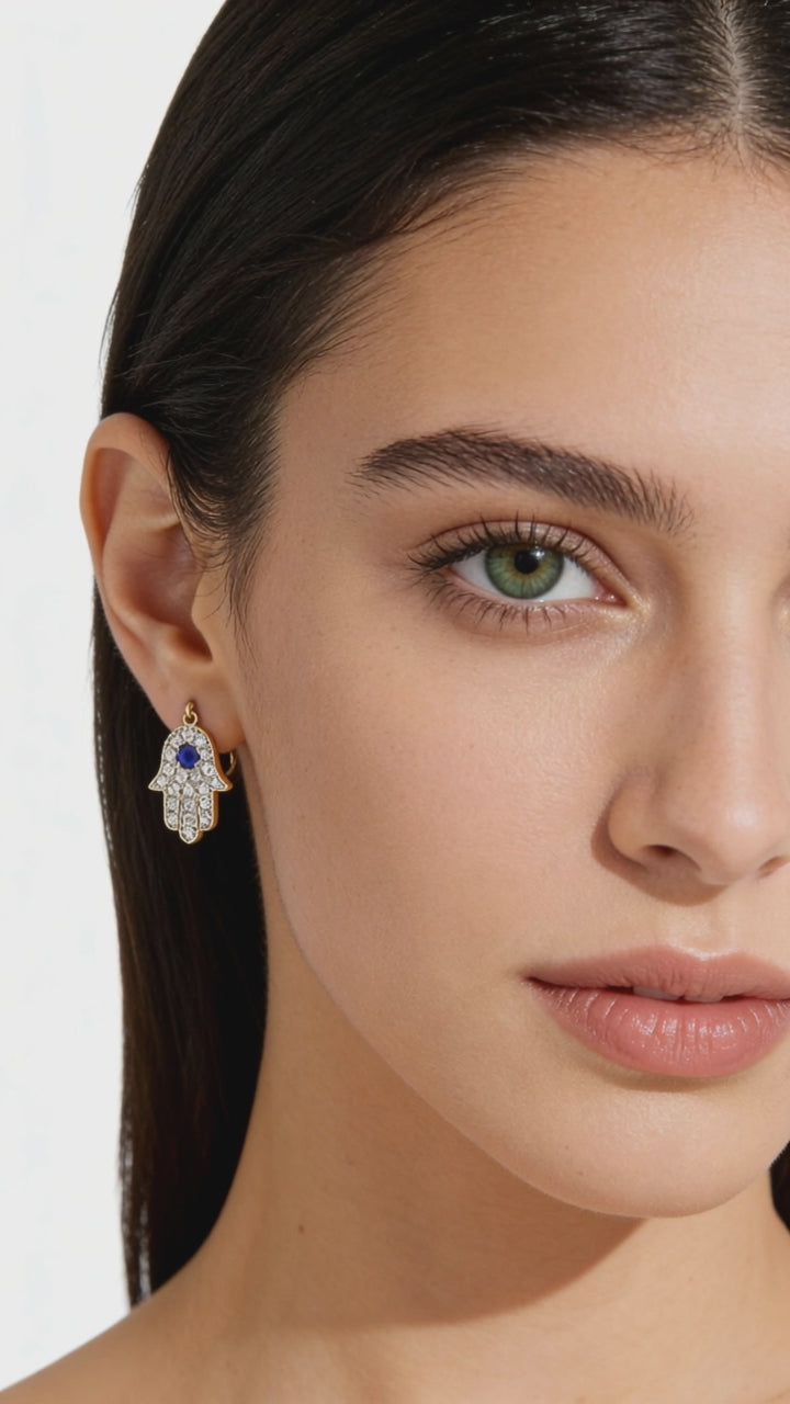 14k Gold Diamonds Sapphires Hamsa Earring Video