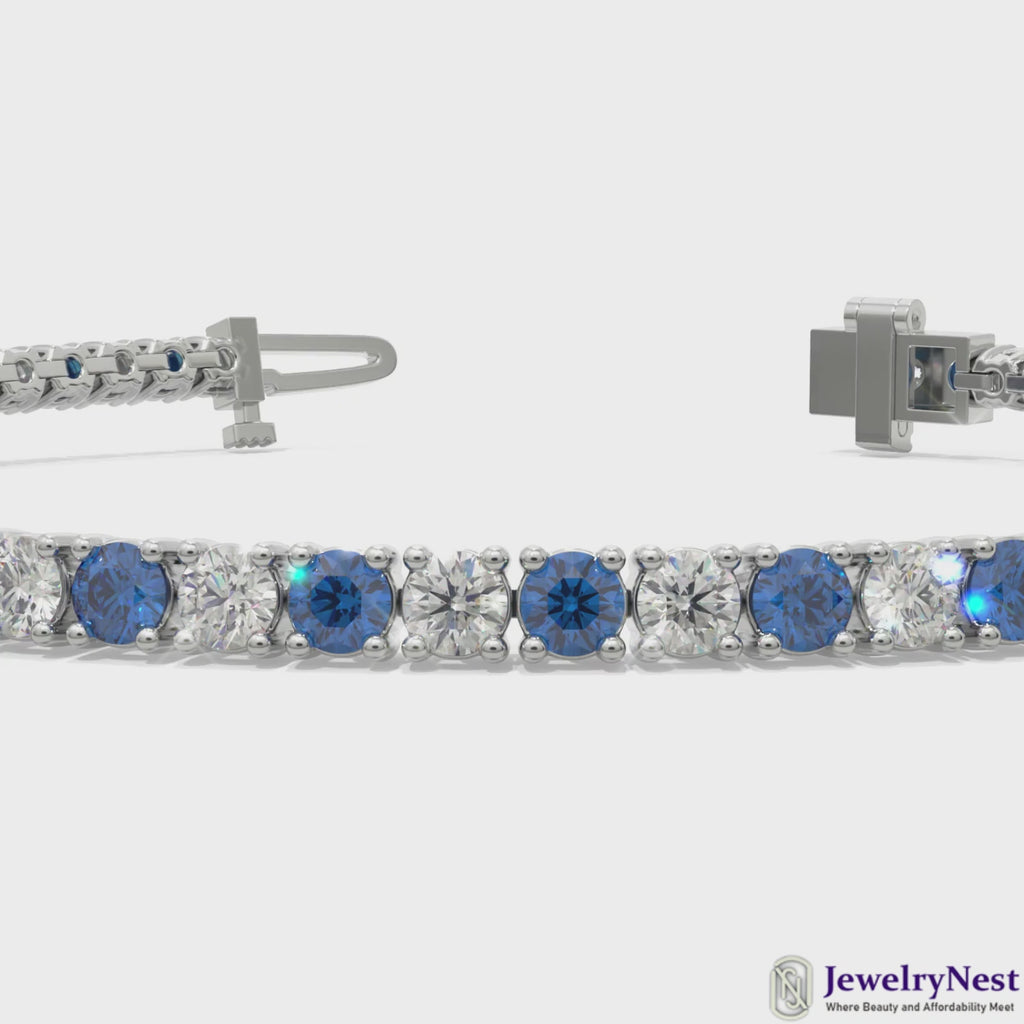 14k Gold Round Diamond Sapphire Tennis Bracelet Video