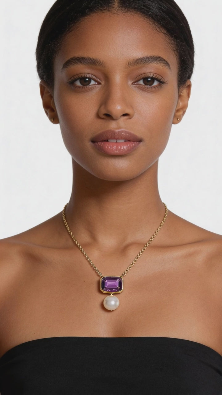 14k Gold Octagon Solitaire Amethyst Pearl Necklace Video