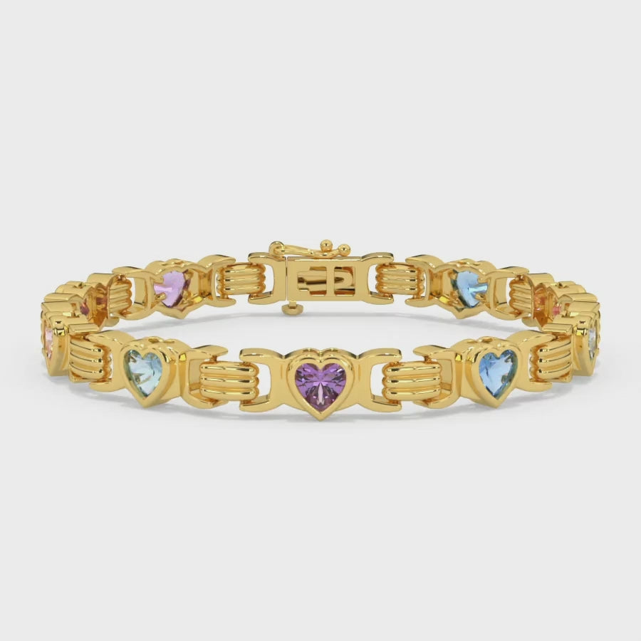 Yellow Gold Heart-Shaped Multi-Color Nine Stone Bracelet Video
