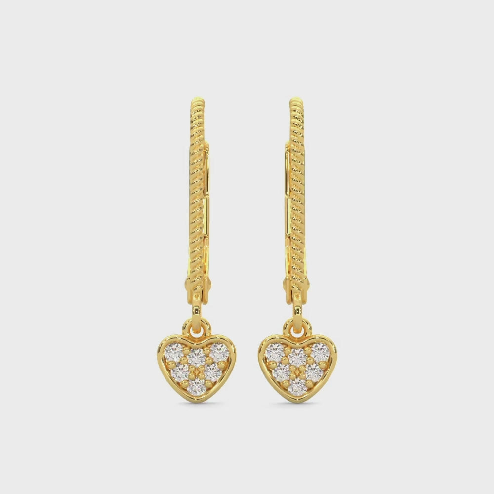 14k Gold Diamond Mini Heart-Shaped Dangle Earrings Video
