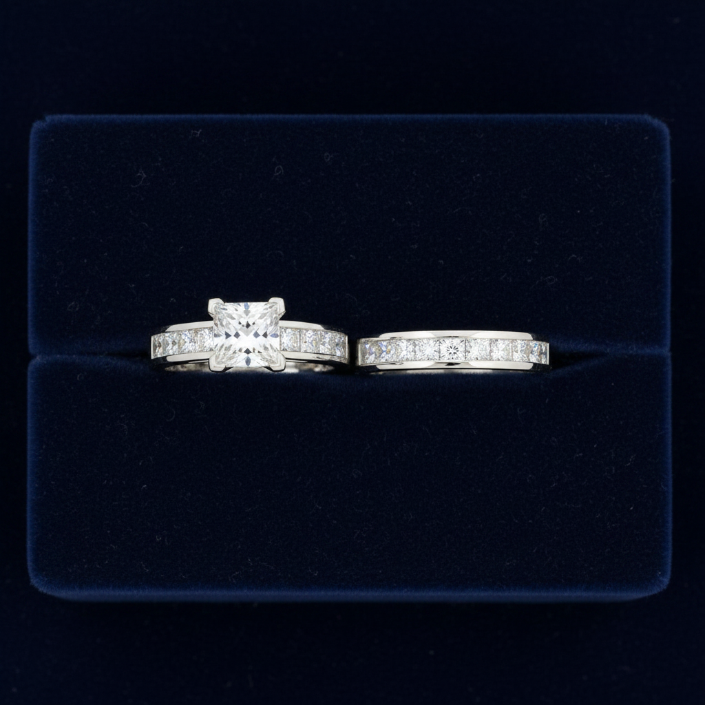 14k gold princess-cut diamond bridal wedding band set with 1.90 carats total weight, elegant and sparkling JewelryNest jewelry.