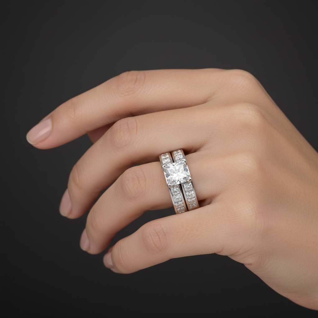 14k gold princess-cut diamond bridal wedding set with 1.90 ct tw, featuring a matching band worn by a model.