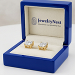 Princess-cut diamond studs in a royal-blue wooden box with the JewelryNest logo