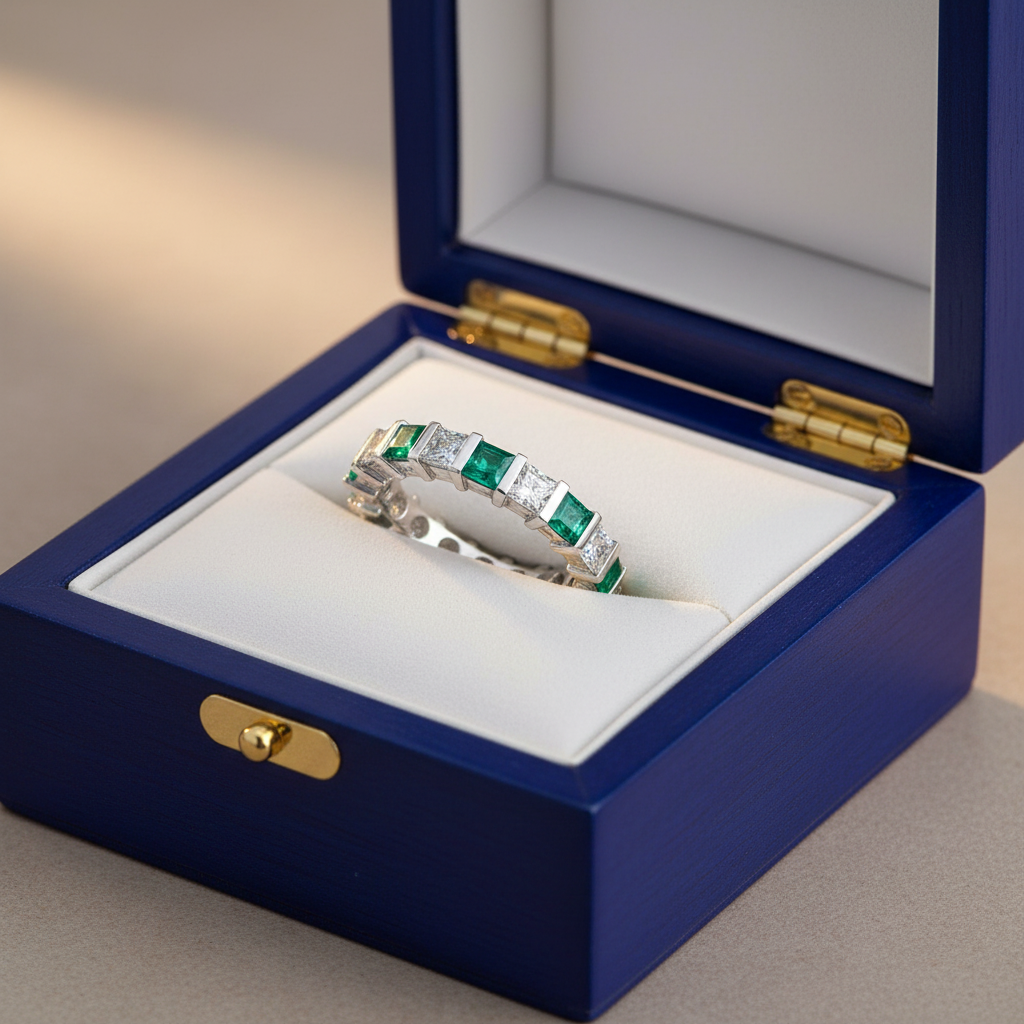14k gold princess diamond and green emerald eternity wedding band with 2.0 cts tw, displayed in a royal blue box.