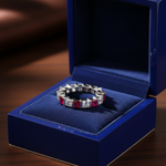 14k gold princess diamond and ruby eternity wedding band with 1.12 carats total weight, displayed in a jewelry gift box.