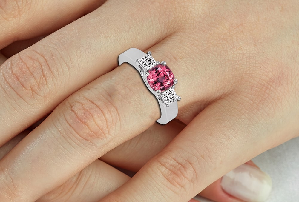 14k Gold Cushion Tourmaline Diamond Ring  On Woman Hand (1.50.cts.tw)