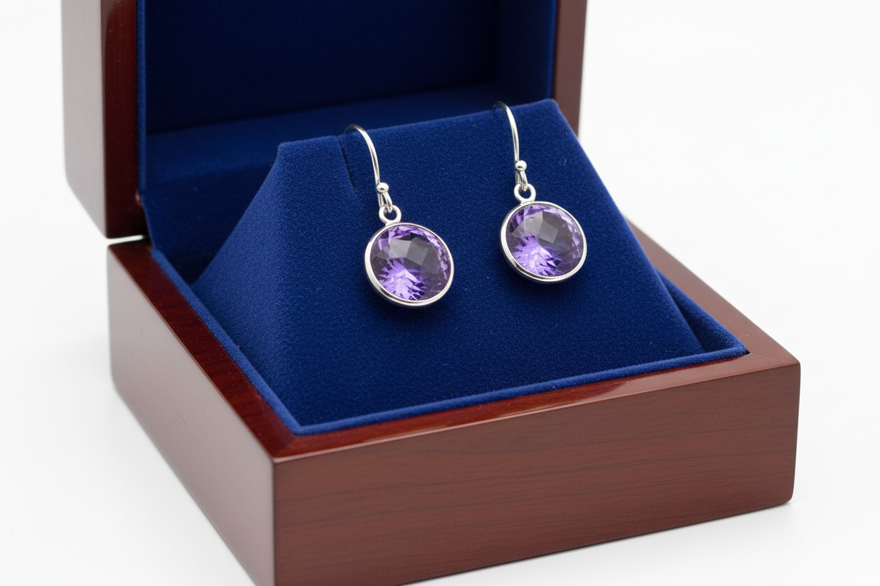 Purple Amethyst Drop Earrings in Wooden Royal Blue Box