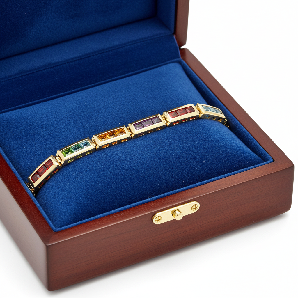 Rainbow bracelet in wooden royal blue box