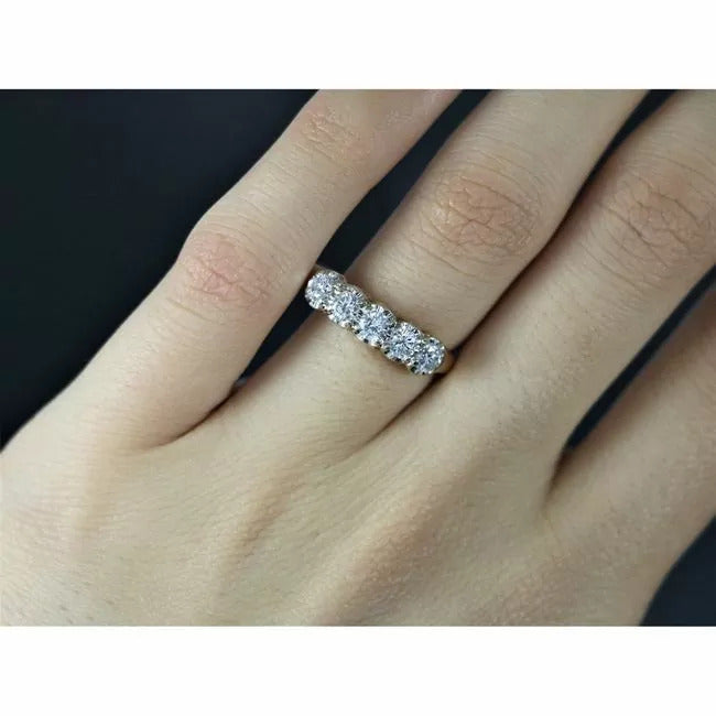 14k white Lab-Grown Five Round Half Eternity Band On Woman Hand (1.0.cts.tw)