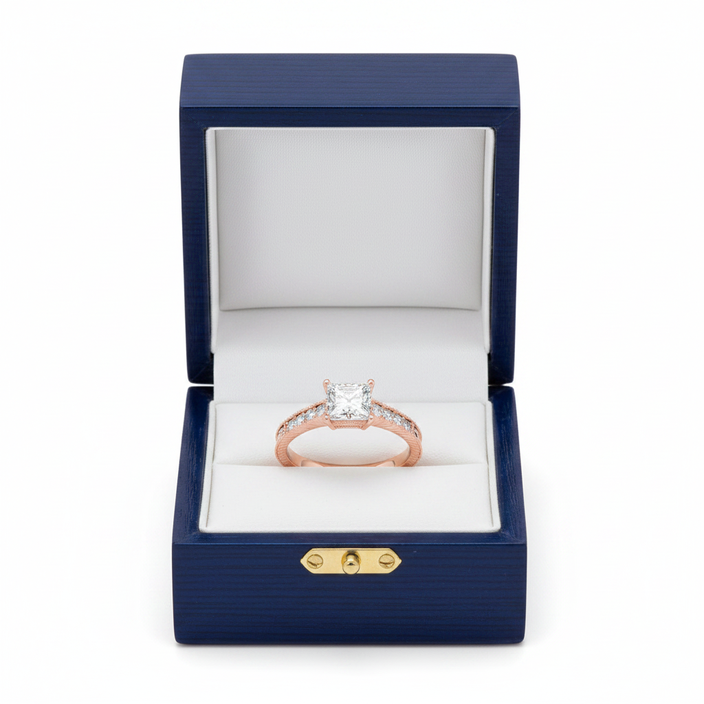 Rose Gold Princess-Cut Diamond Engagement Ring in Royal Blue Wooden Box
