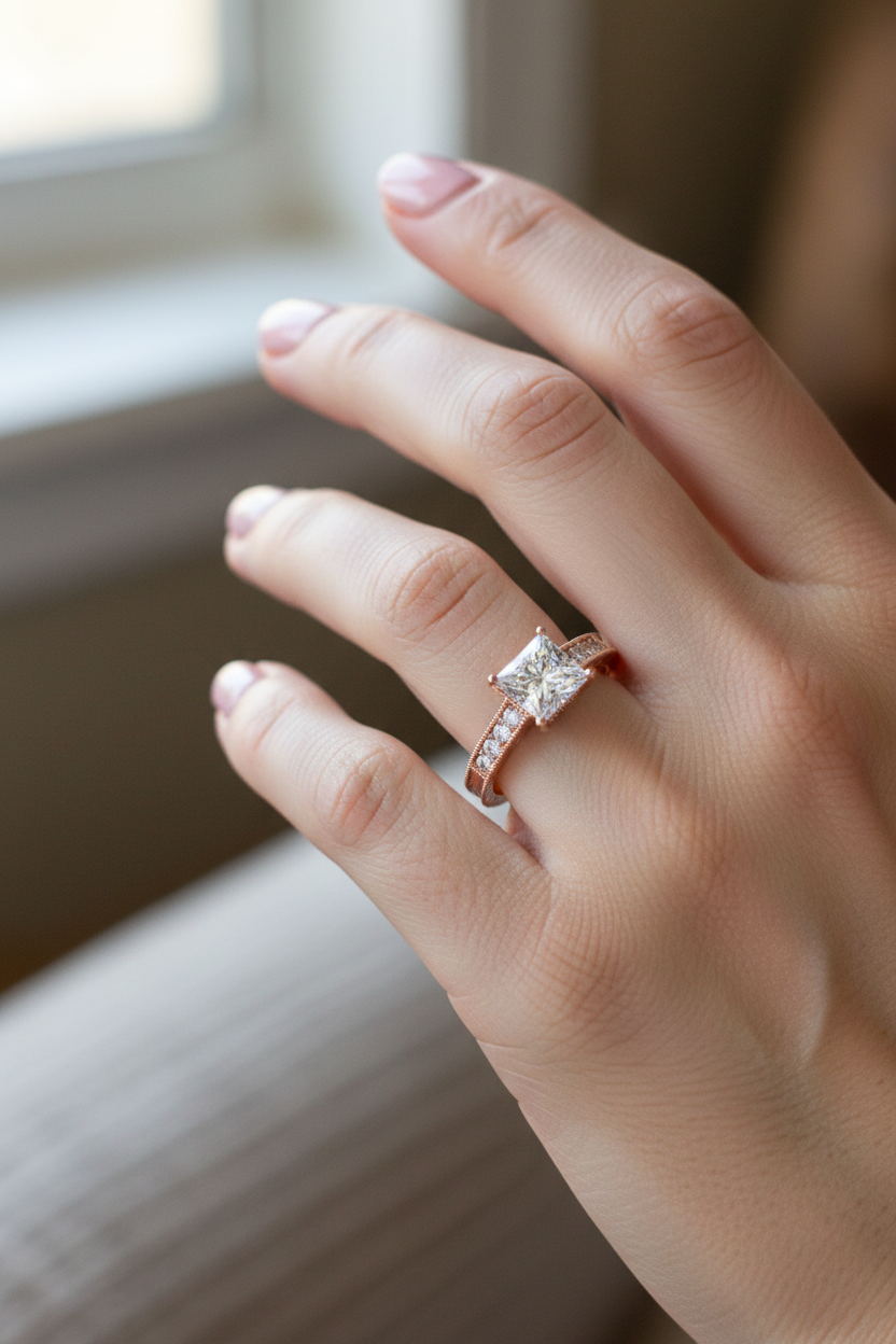 Rose Gold Princess-Cut Diamond Engagement Ring on Model