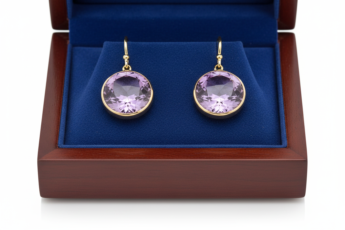 Round Amethyst Earrings in Wooden Royal Blue Box