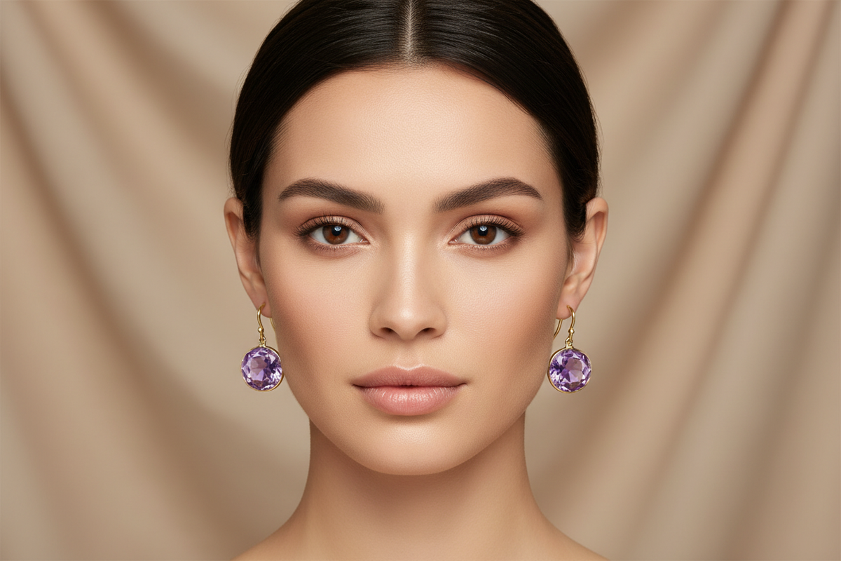 Round Amethyst Earrings on Model