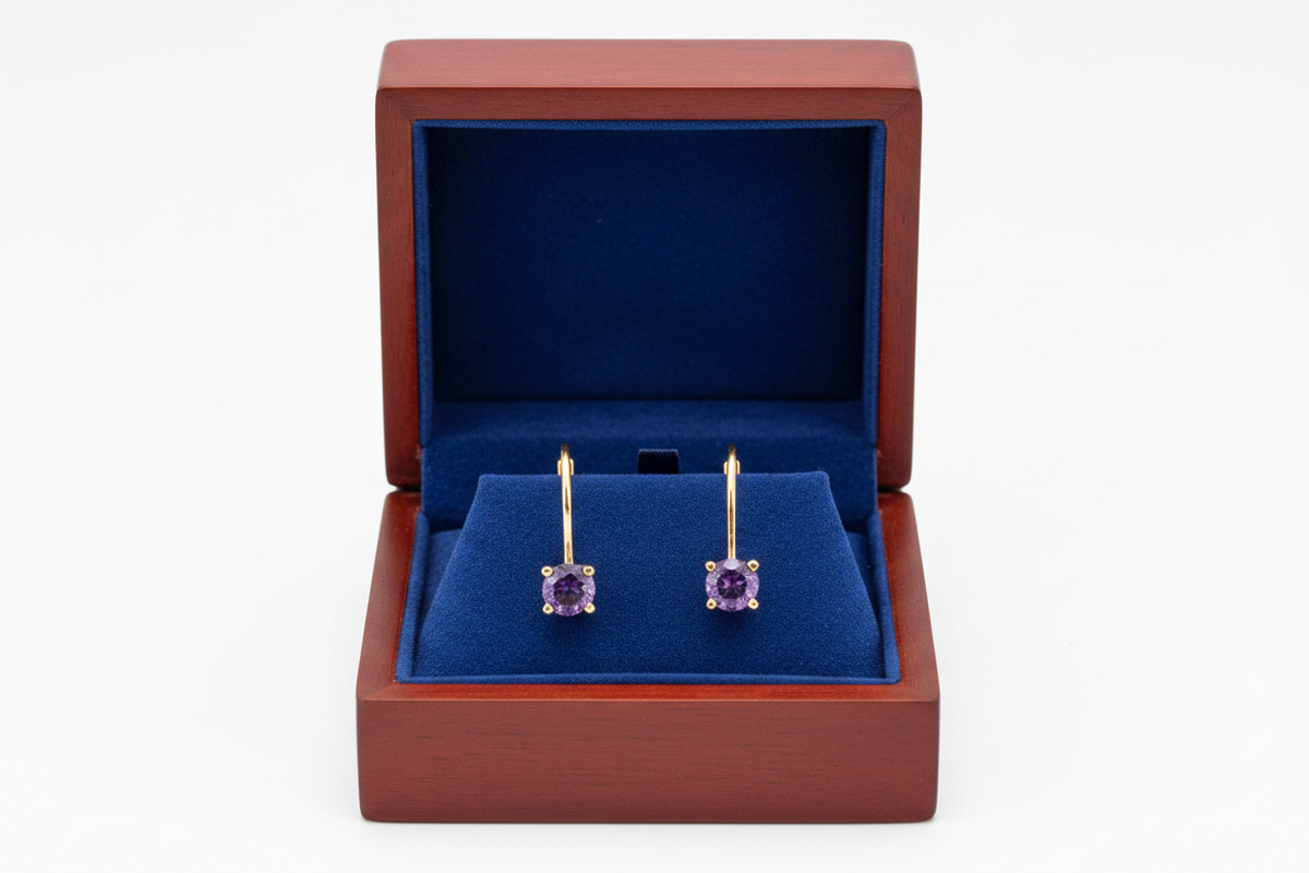Round Amethyst Lever Back Earrings in Wooden Royal Blue Box