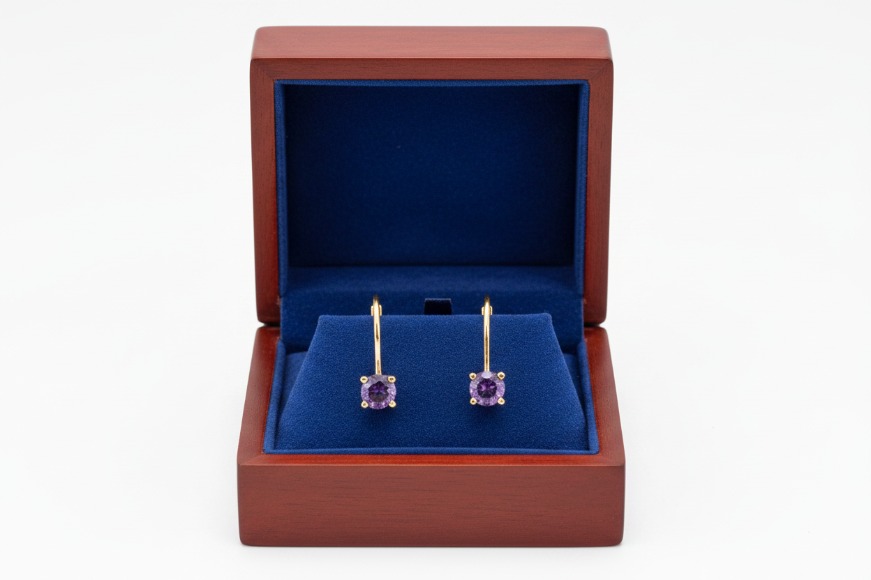 Round Amethyst Lever Back Earrings in Wooden Royal Blue Box