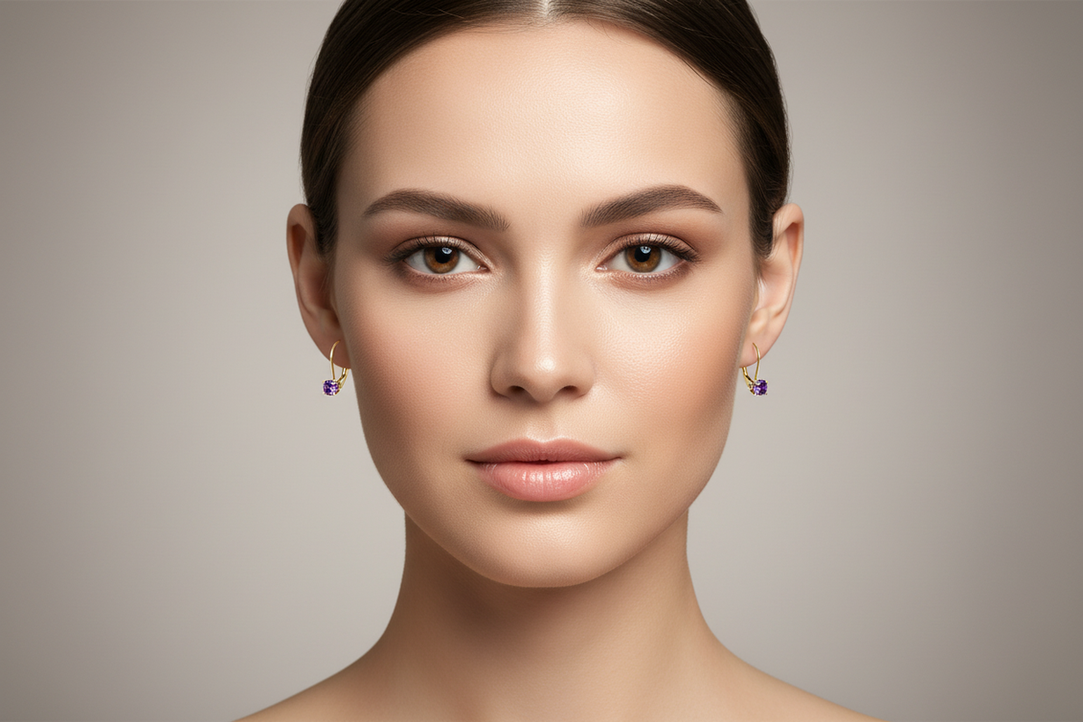 Round Amethyst Lever Back Earrings on Model