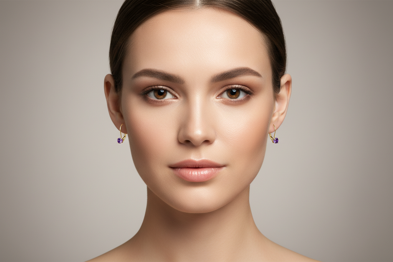 Round Amethyst Lever Back Earrings on Model