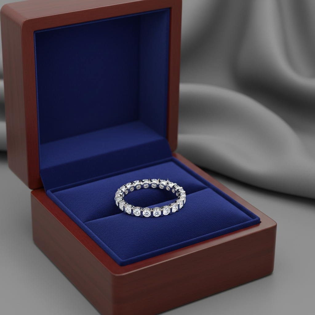 Round Diamond Eternity Band in Royal Blue Box