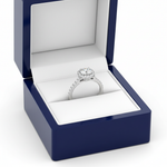 Round Diamond Halo Engagement Ring in Royal Blue Wooden Box