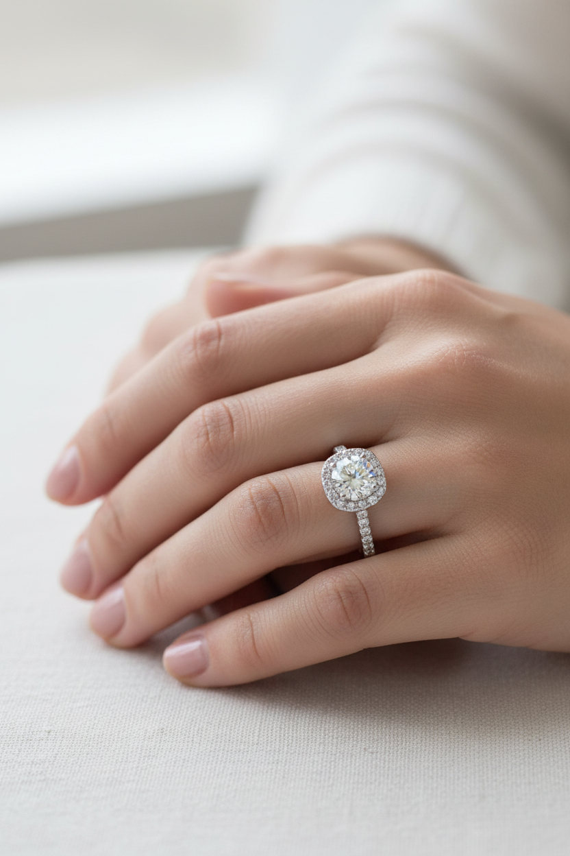 Round Diamond Halo Engagement Ring on Model