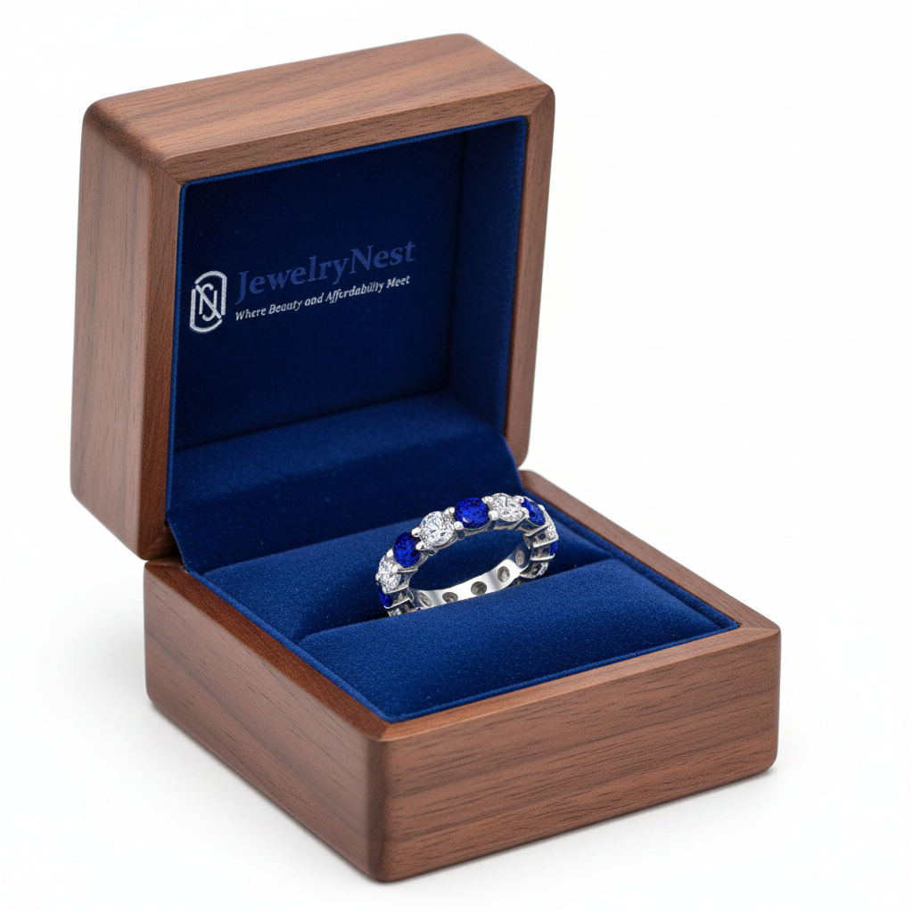 Round Diamond Sapphire Eternity Band in JewelryNest Box