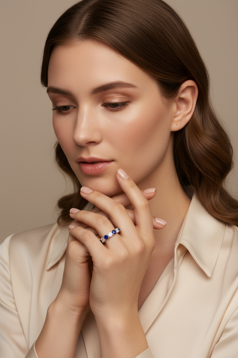 Round Diamond Sapphire Eternity Band on Model