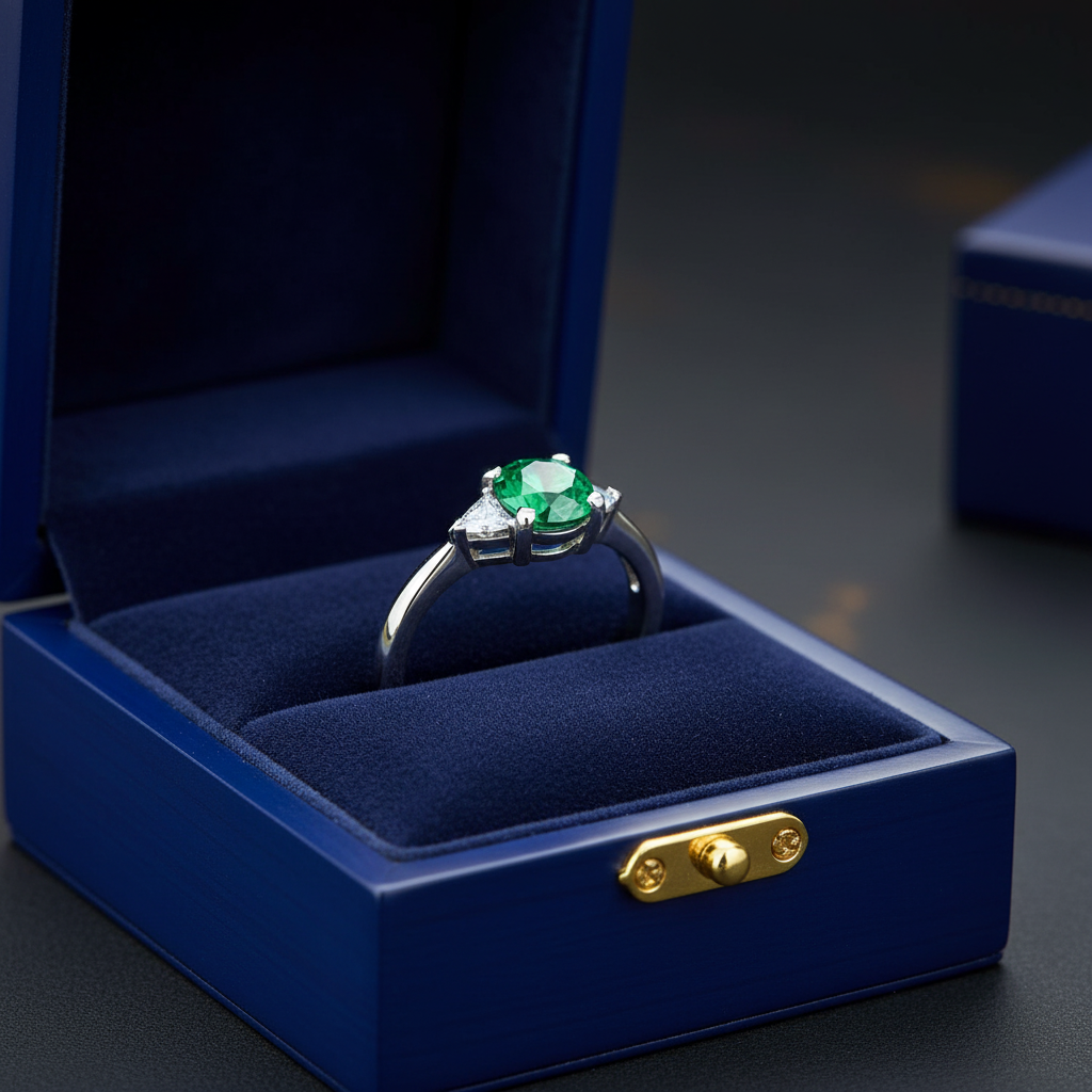 14k gold fashion ring featuring a round emerald and trillion diamond accents, presented in a gift box by JewelryNest.